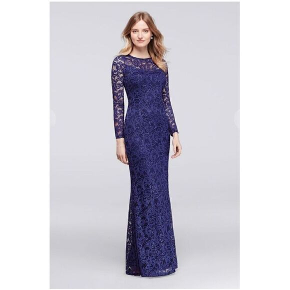 Marina Long Sleeve Illusion Neckline Sequined Lace Dress in Cobalt Blue - Picture 1 of 14